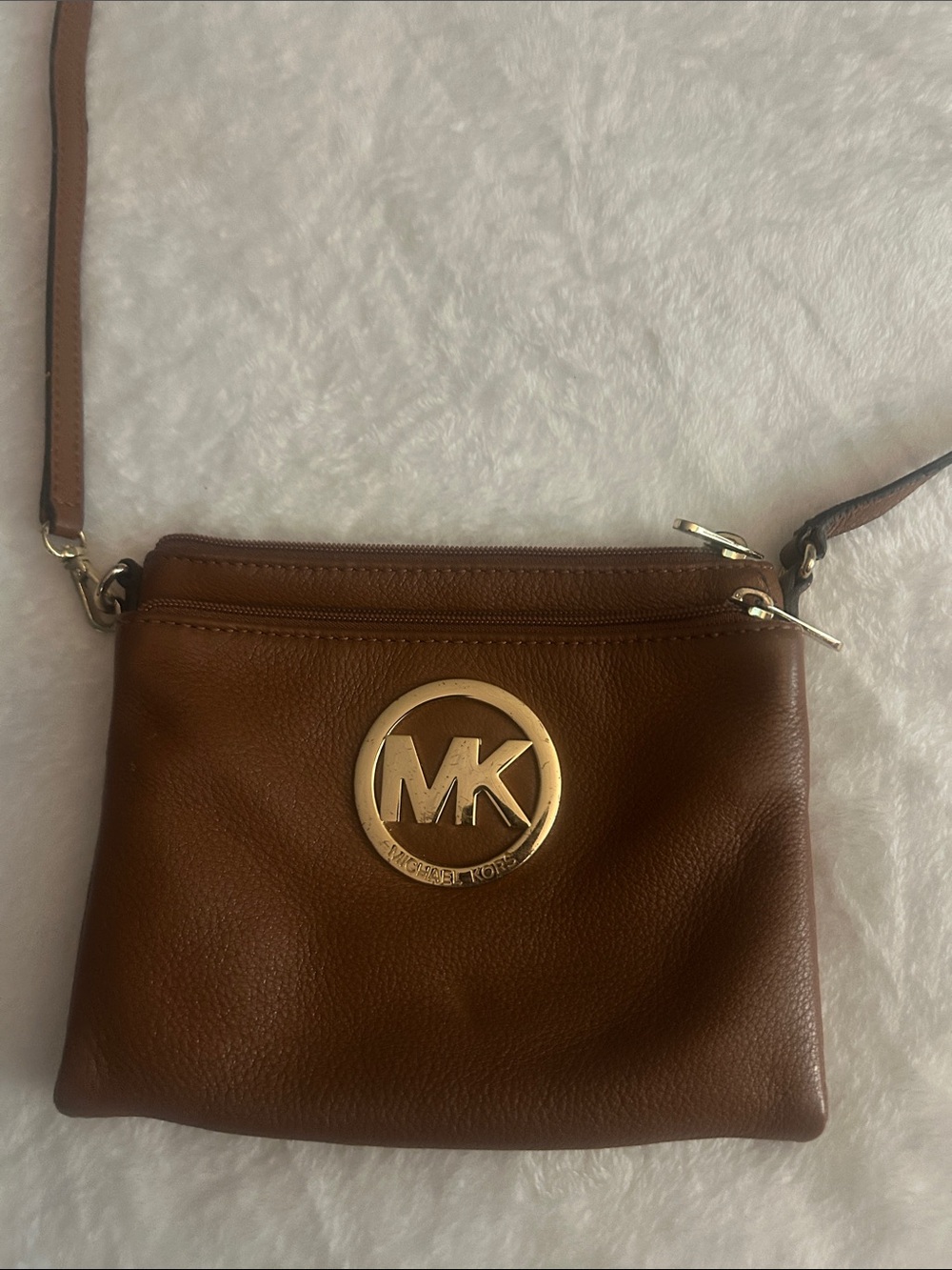 Michael Kors Chestnut Brown Pebbled Leather Crossbody with Gold MK Emblem